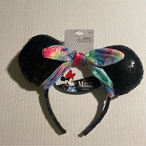 Disney Minnie Mouse Headband Hair Mickey Ears Black With Colored Bow Sparkly New